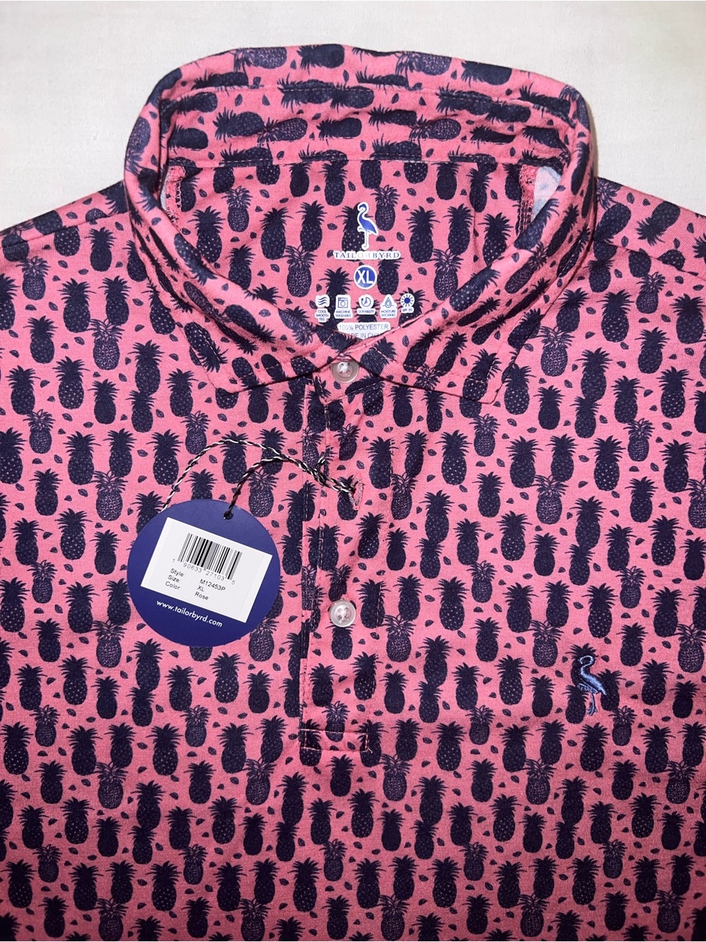 NWT Tailorbyrd Men’s XL Pink Navy Blue Pineapple Performance Golf Polo Shirt - Picture 1 of 7